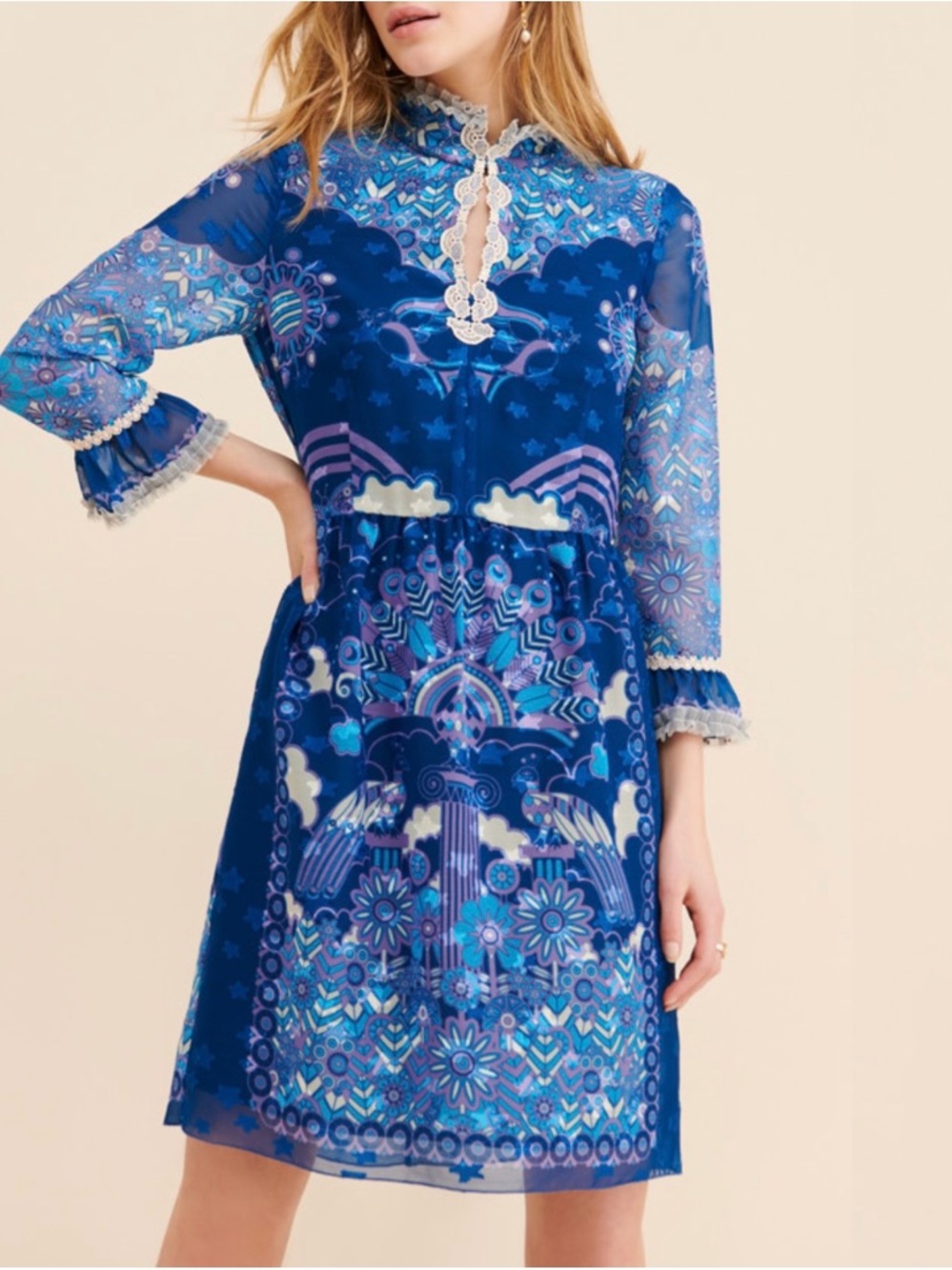 Free People x Anna Sui Peacock Border Sheer Sleeve Women’s Dress